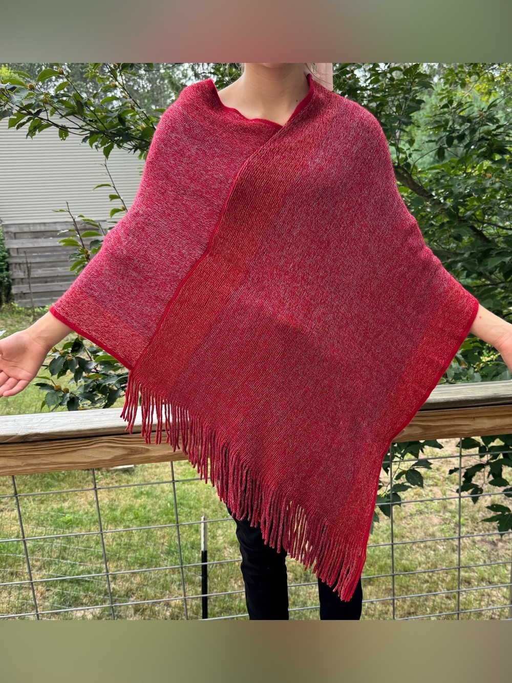 Women's Red Fringe Knit Poncho Wrap